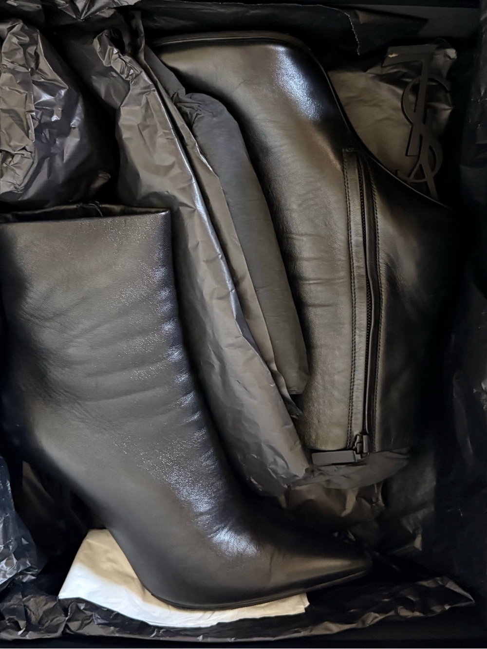 Saint Laurent Opyum 110 YSL Logo Heel Boots Black Leather 37.5 - Picture 6 of 13